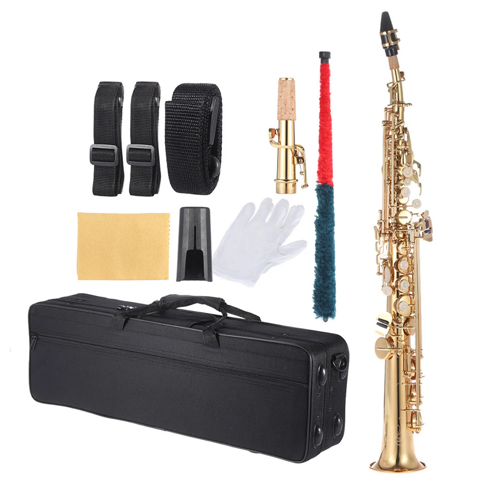 Golden Saxophone Brass Straight Soprano Bb B Flat Sax Saxophone Woodwind Instrument Natural Shell Key Carve with Carrying Case