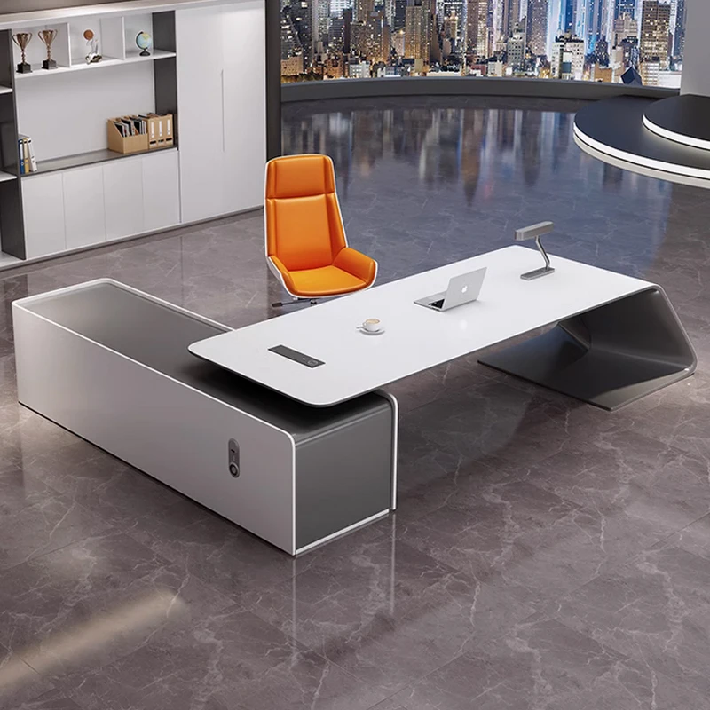 High Gloss White Modern Executive CEO Office Desk-Durable Modular Design Customizable Size L-shaped/I-shaped Options
