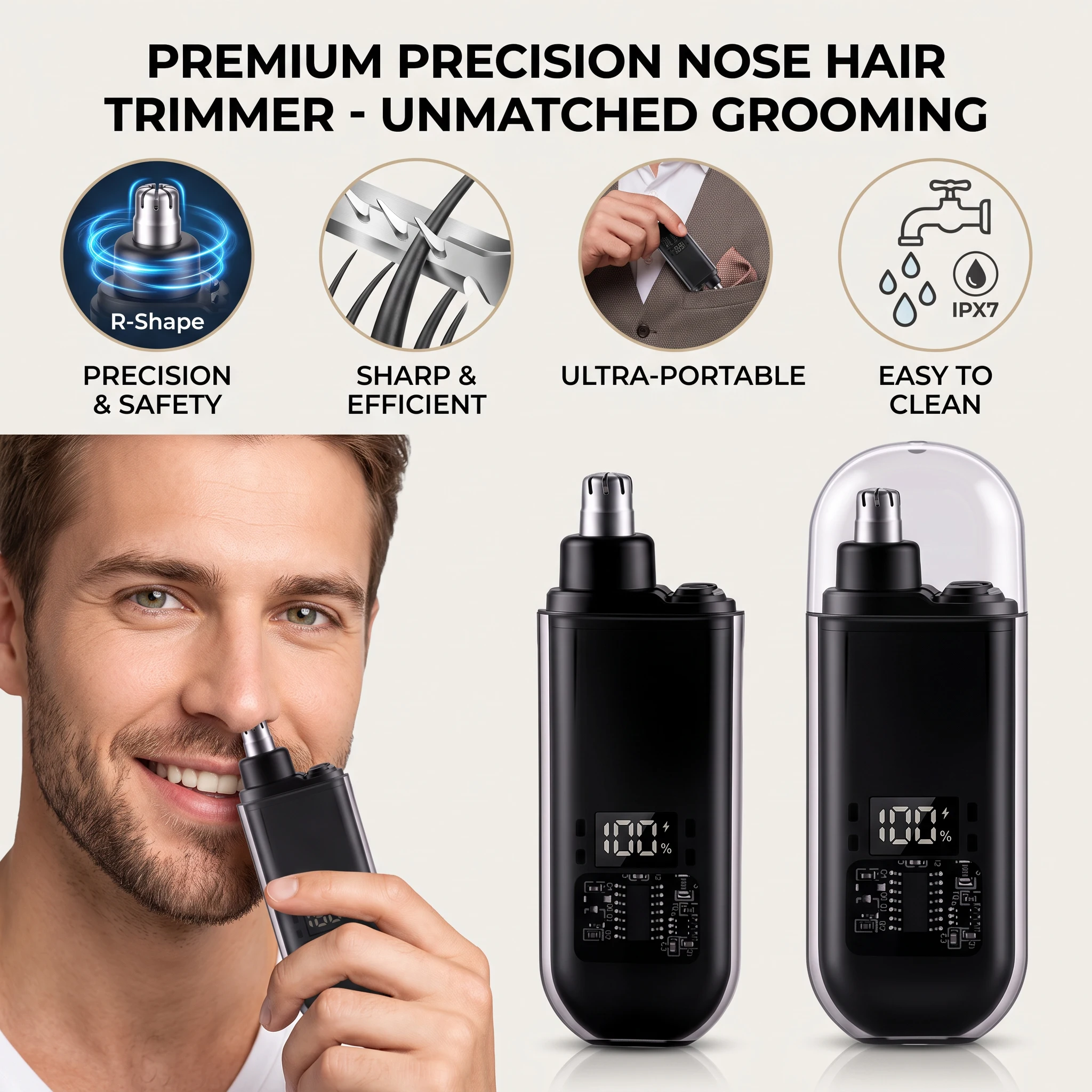 OMUONE Men's Nose Hair Trimmer USB Rechargeable Electric Nose Ear Hair Clipper LED Display Portable Grooming Tool