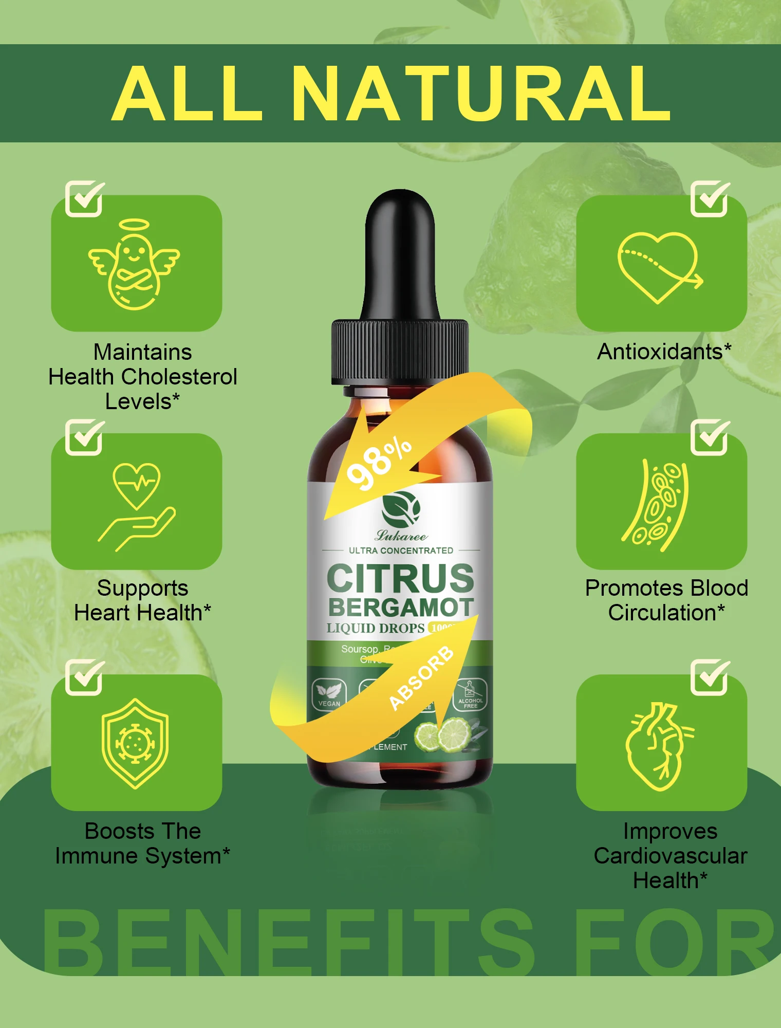 قطرات الحمضيات البرغموت السائلة مكمل طبيعي مع Soursop، أرز الخميرة الحمراء، أوراق الزيتون، دعم عالي الامتصاص العافية الشاملة