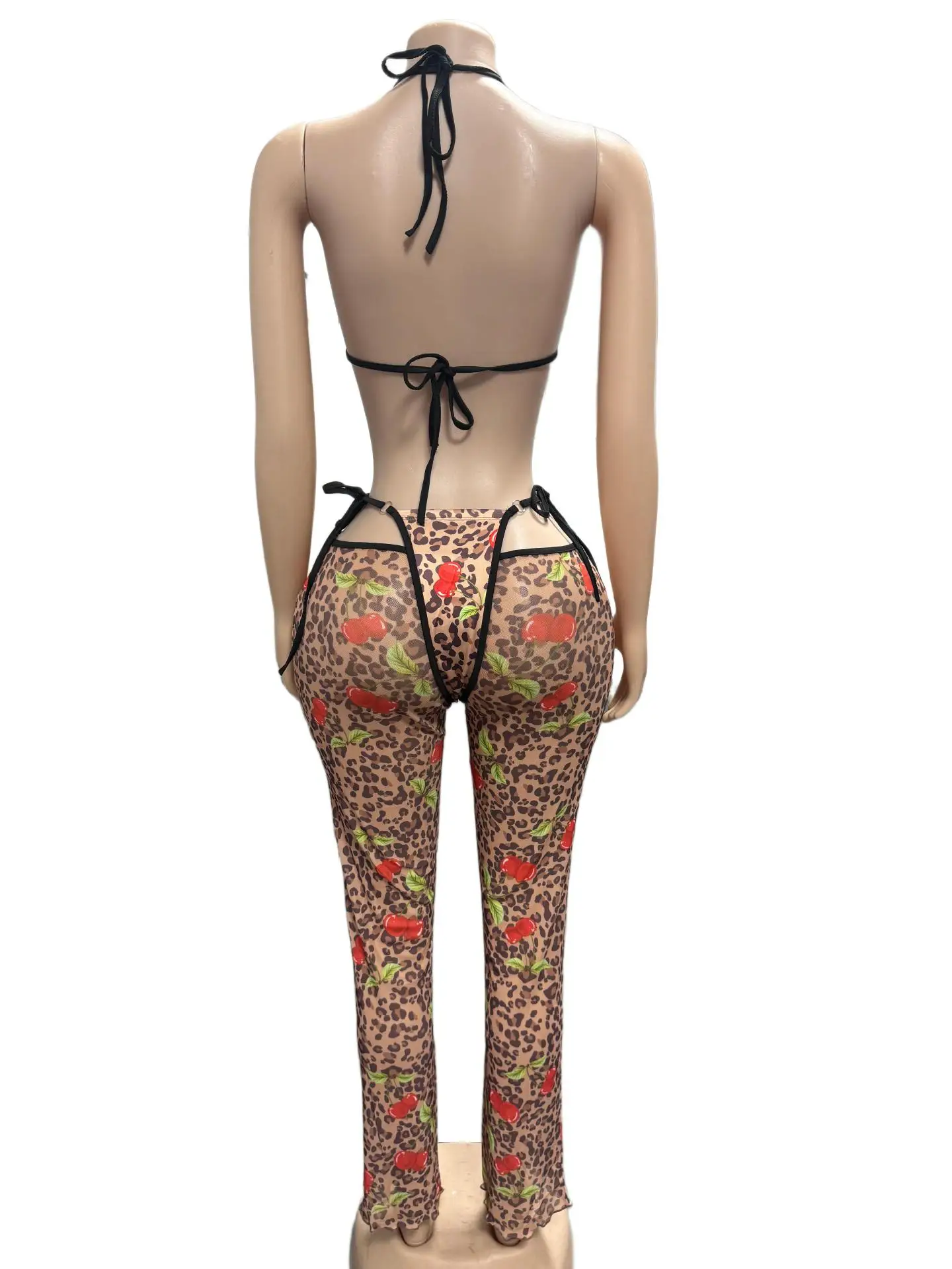 STYLISH LADY Leopard Cherry Print Mesh 2 Piece Outfit Halter Bikini Top Cutout Flare Pants 2026 Women Beach Club Matching Suit view 6
