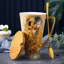 Bone China Coffee Mug Gustav Klimt Tea Cups with Lid and Spoon Klimt Mug Large Capacity Ceramic Drinkware Home Decoration