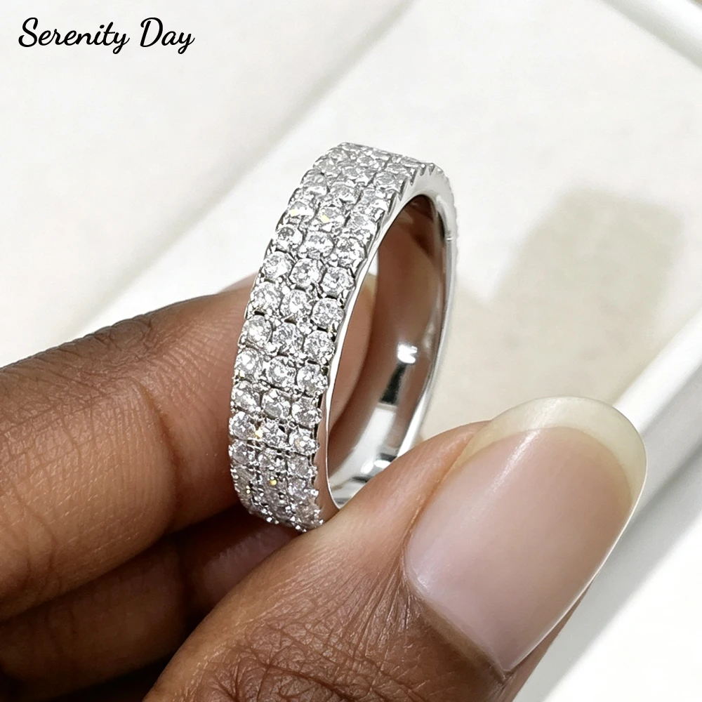 Serenity Full Moissanite Rings for Women Men Sparkling D Color Lab Diamond 3 Row Wedding Ring S925 Sterling Silver Bands Jewelry