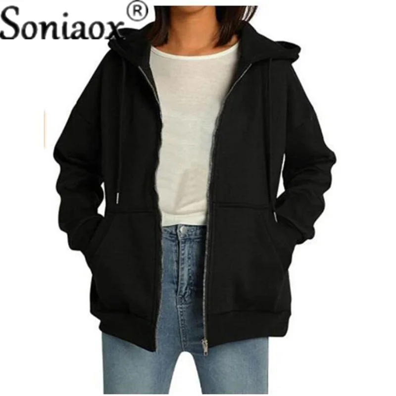 2022 Autumn Casual Solid Color Women Hooded Fashion Sweatshirts Long Sleeve Tops Drawstring Pockets Loose Zipper Black Hoodies