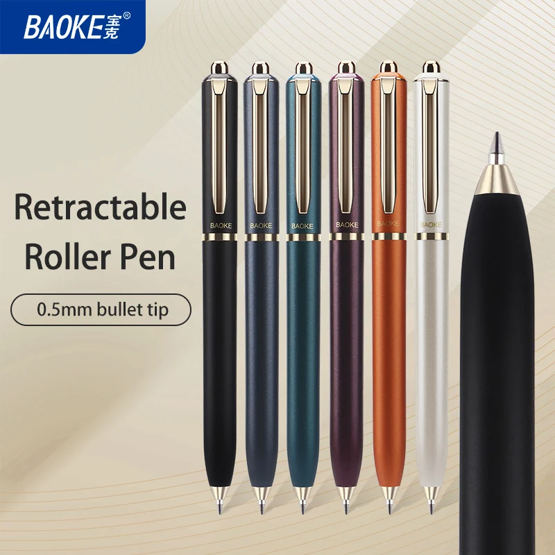 BAOKE BK123 Caneta de rolo líquido retrátil de 0,5 mm Clipe de metal Ponta de bala Tinta preta Seis cores de barril