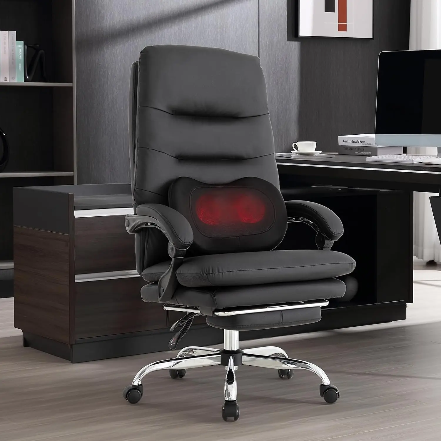 Kneading Heated Massage Office Chair 90-135° Reclining with Footrest Ergonomic Desk Chair Black External Massager, Customized