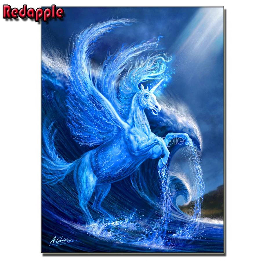 5D DIY Diamond Painting, Cartoon Unicorn, Full Square Drill, Fantasy Waves, Water, Rhinestones Cross Stitch, Mosaic Home Decor