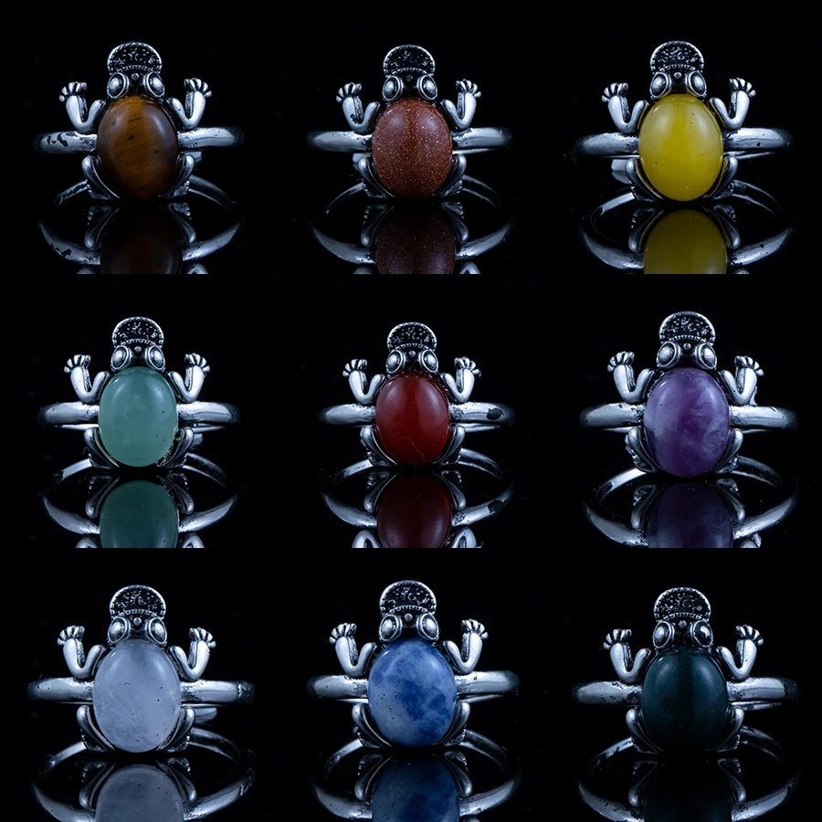 

natural stone amethsyt clear quartz blue dot retro frog style adjustable copper silver plated ring for women Party Jewelry