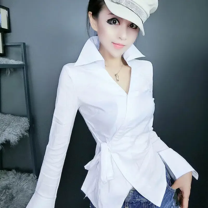

Women's luxury ultra thin long sleeve shirt, white shirt, Korean top strap, elegant black jacket for women's office, new style