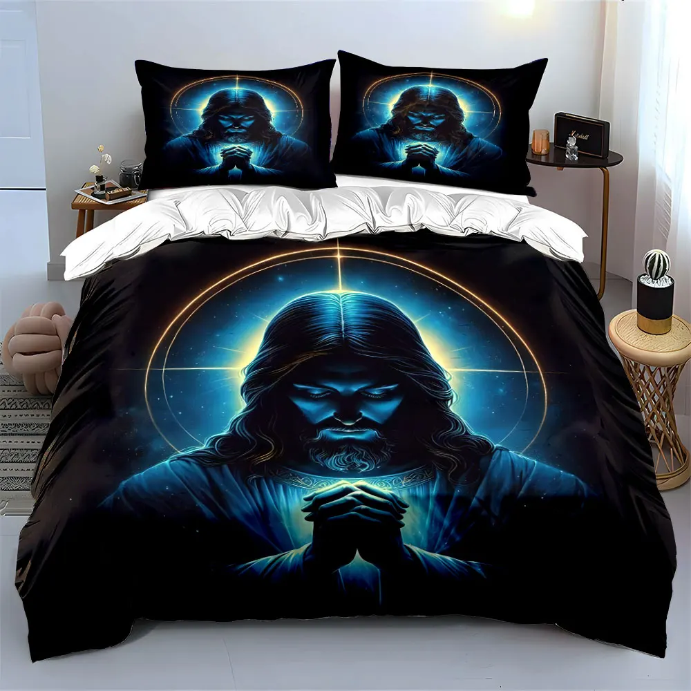 Cyber-Blue-Light Jesus Prayer Print Bedding Set 1 Duvet Cover 2 Pillowcases for Adult and Children Luxury Gift Full Size