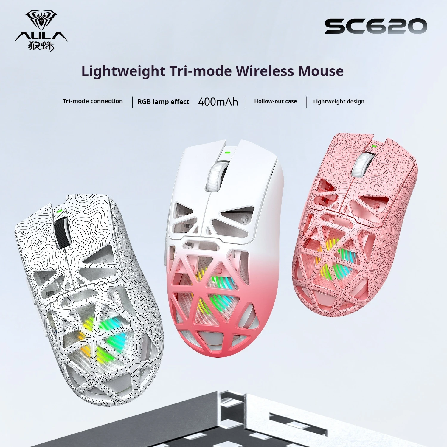 AULA Sc620 Wireless Gaming Mouse Hollow Out Lightweight 67g Tri Mode Bluetooth Rgb Backlight For Laptop Desktop Pc Office Esport