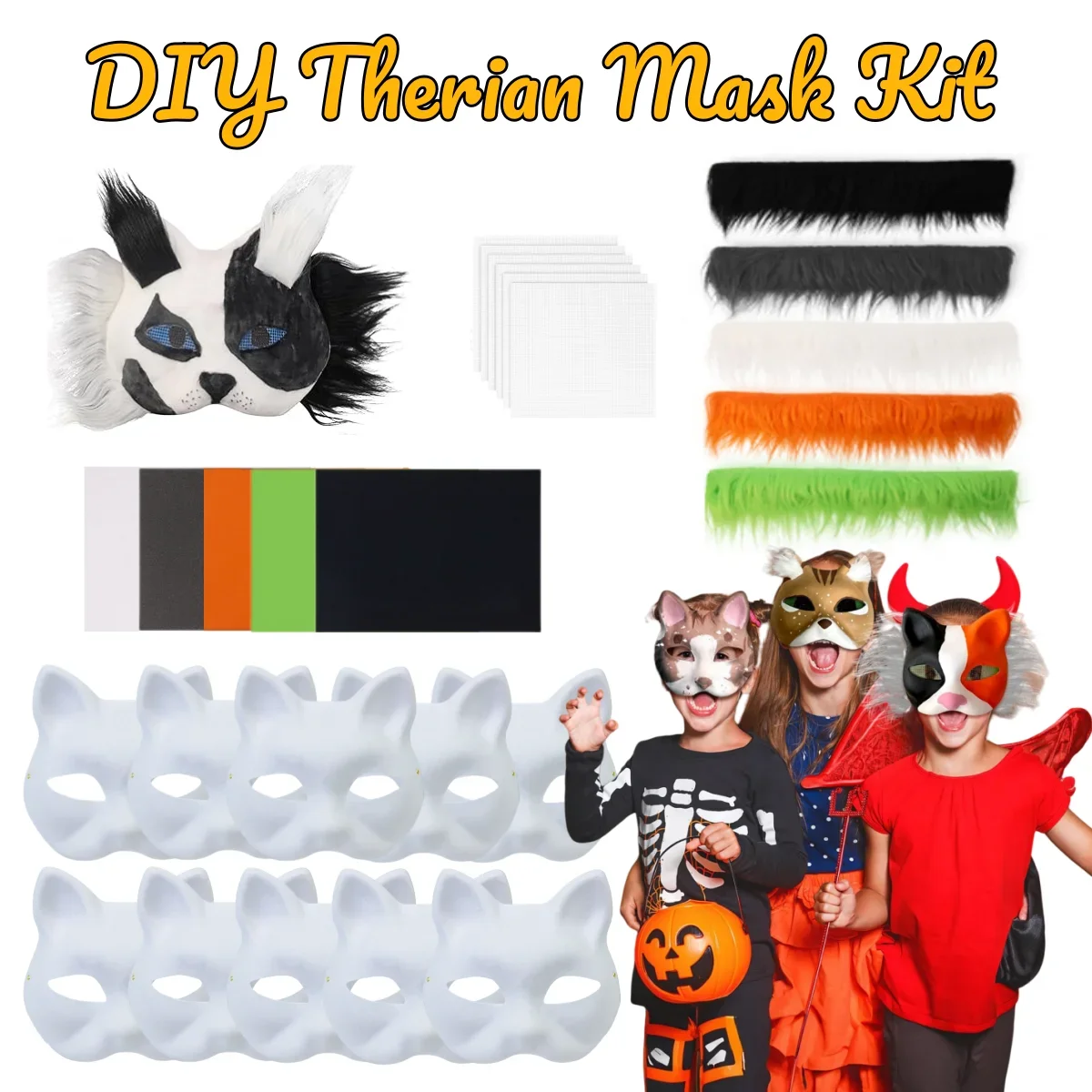 3-20 Sets Therian Masks Kit White Cat Masks Blank DIY Halloween Masks Animal Half Facemasks for Masquerade Cosplay Party