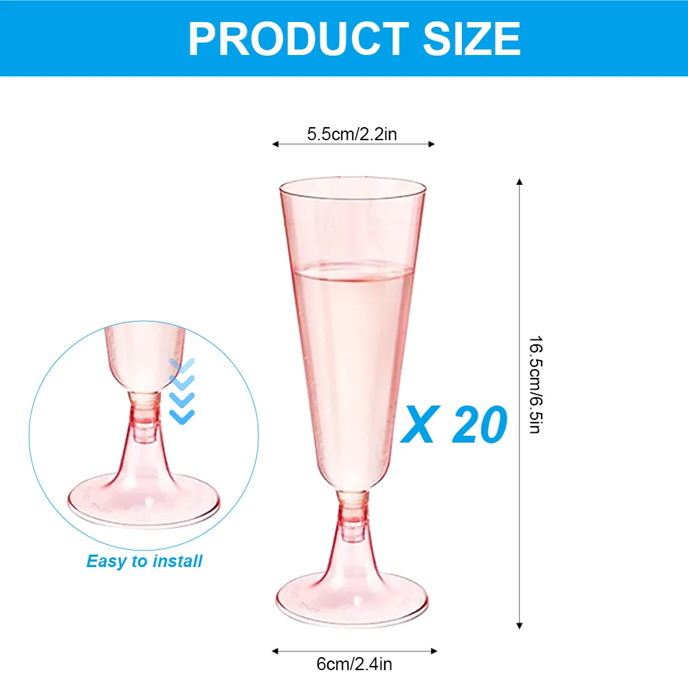 20 Pcs Champagne Flutes 5 OZ Plastic Glitter Champagne Flutes Reusable Stemmed Party Wine Cups Crystal Wine Cocktail Cups