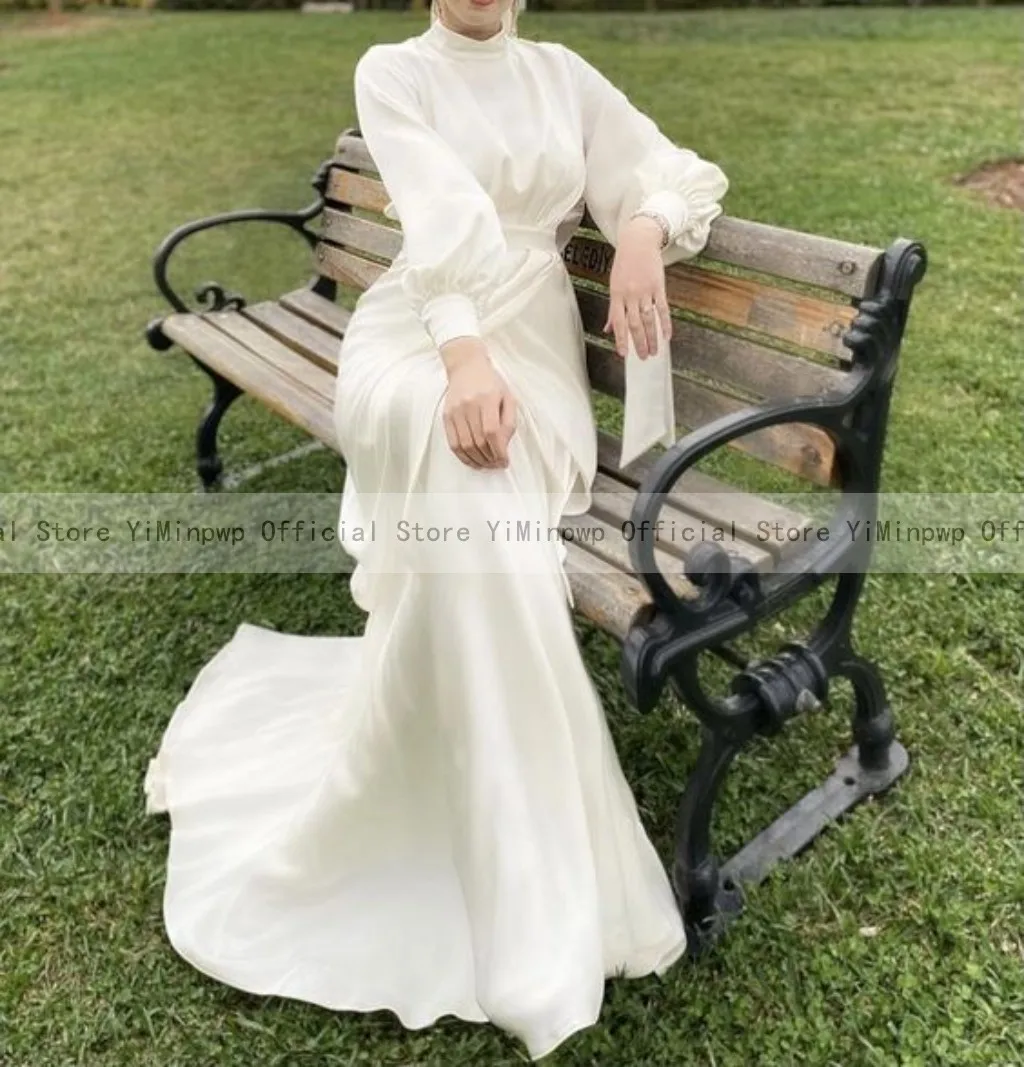 Vestidos de Noche de sirena elegantes, cuello alto, manga larga, hasta el suelo, vestidos de fiesta de boda musulmanes, vestido Formal