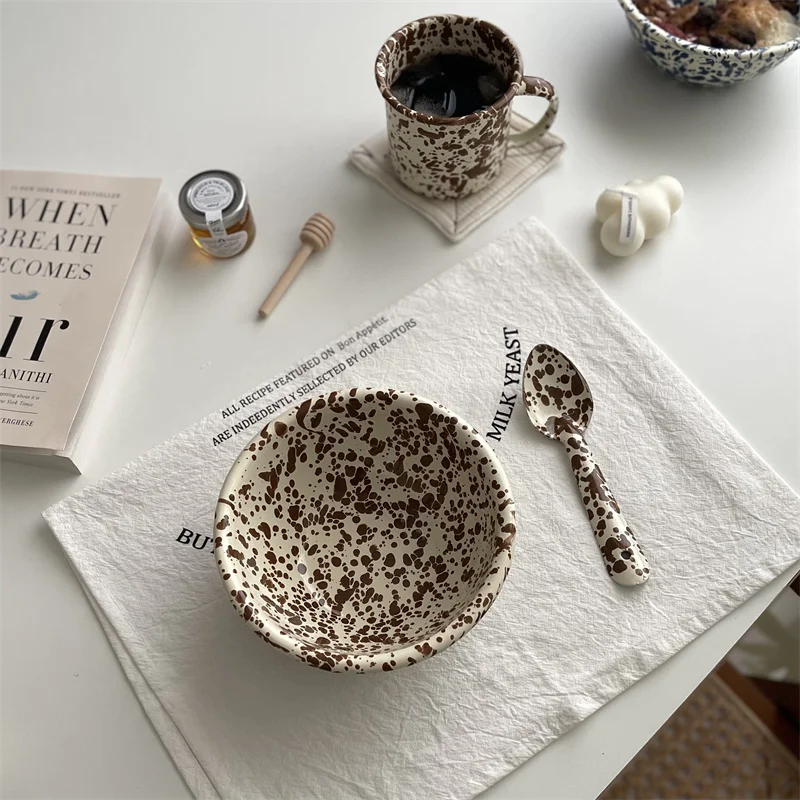 

Caramel Brown Korean Sle Splaed Ink Enamel Breakfast Bowl Good Looking Plate Coffee Cup round ape Enamelware Oaeal Bowl