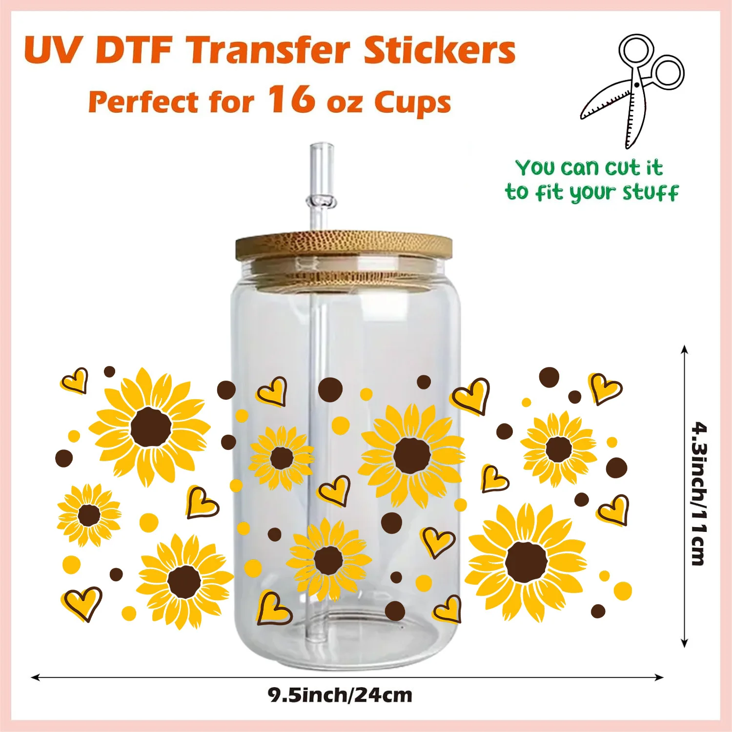 3D Sticker UV DTF 16oz Cup Warps Sunflower Artwork Collection UV DTF Coffee Can Wraps For Libbey Glass Wraps