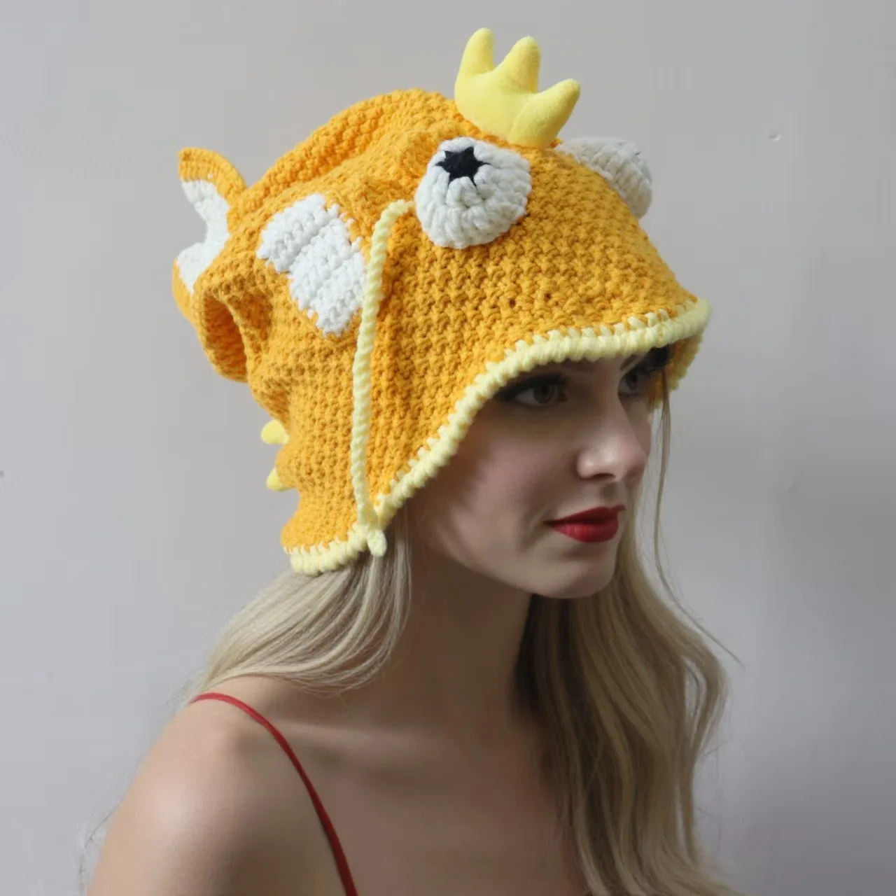 2026 New Unisex Handmade Wool Crocheted Carp Head Hat - Funny Fish King Style, Warm Pile Knitted Hat for Adults