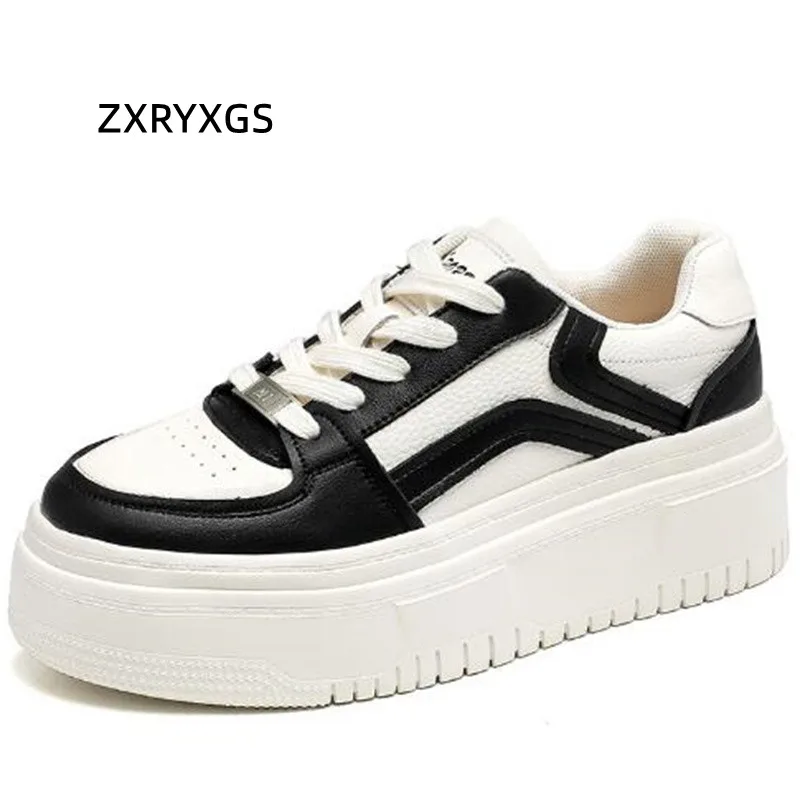 

ZXRYXGS Black White Platform Shoes Increased Sneakers Casual Shoes 2024 Bestselling Lace-up Genuine Leather Sneakers Trend Shoes