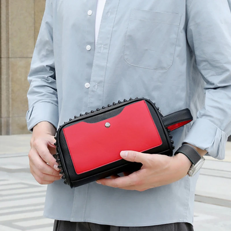 Men Clutch Bag Fashion Personalized Rivet Design HighQuality Leather Waterproof Wallet Versatile Contrast Color Simple ZipperBag