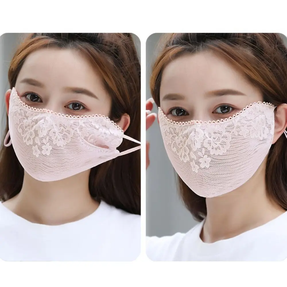 Solid Color Sunscreen Lace Mask Hanging Ear Flower Sunscreen Face Cover Sunshade Breathable UV Protection Mask Riding