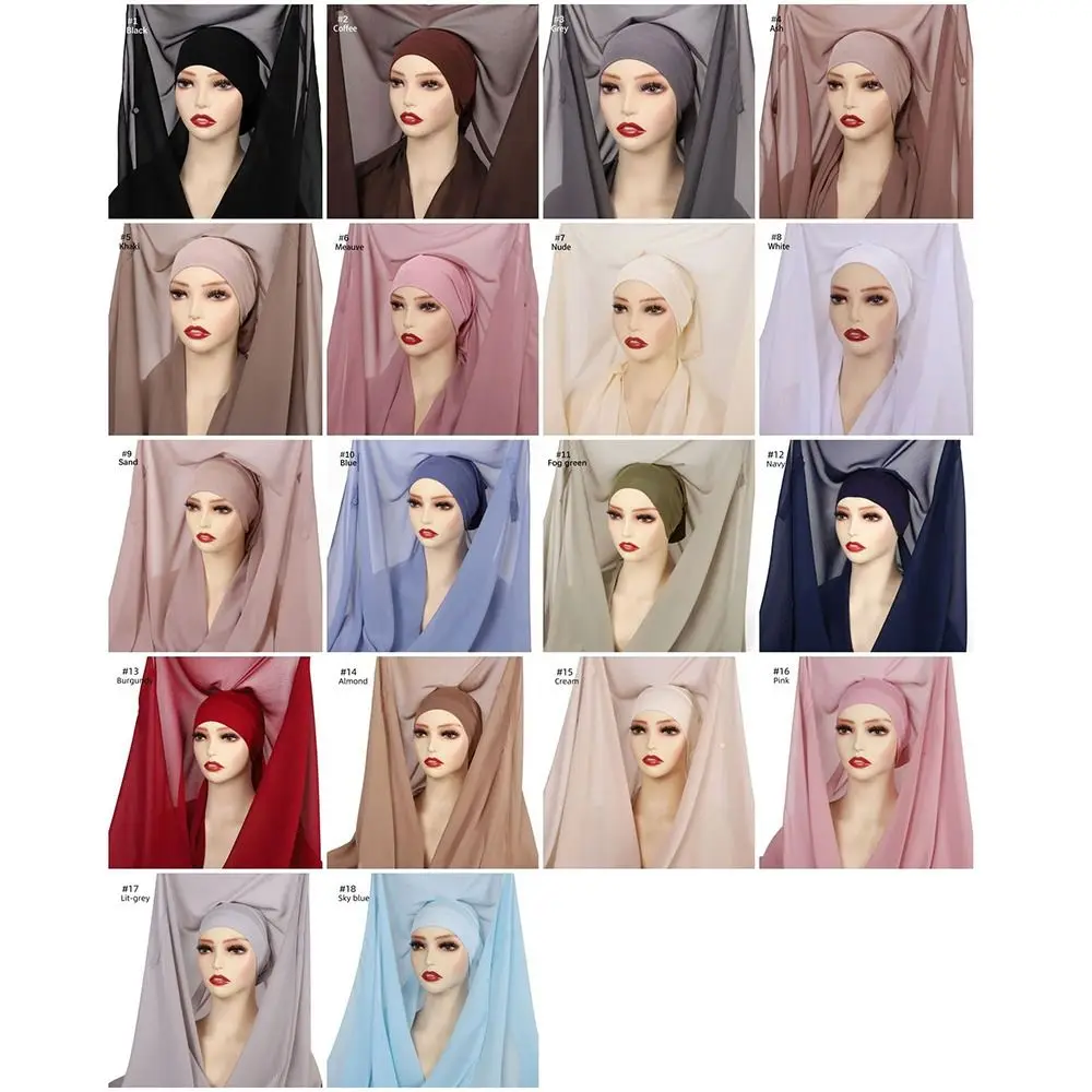 Hijab instantané 2-en-1 en mousseline, couleur unie, aimants intégrés, long foulard musulman confortable et facile à porter, couvre-chef islamique