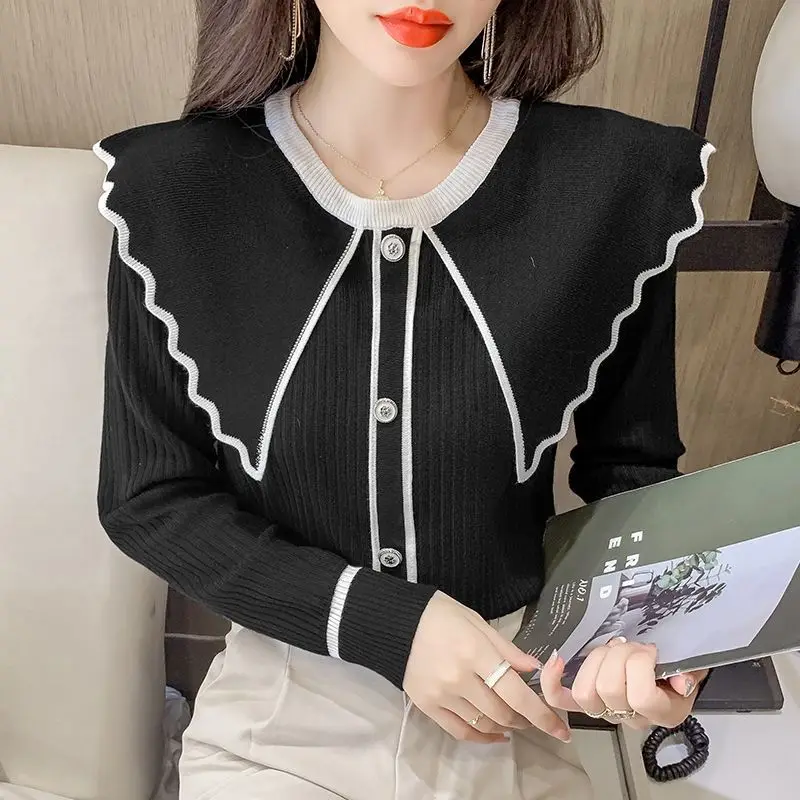 Women Autumn Korean Office Lady Slim Solid Color Ruffles O-neck Long Sleeve Knitwear Ladies Fashion All-match Knitting Tops