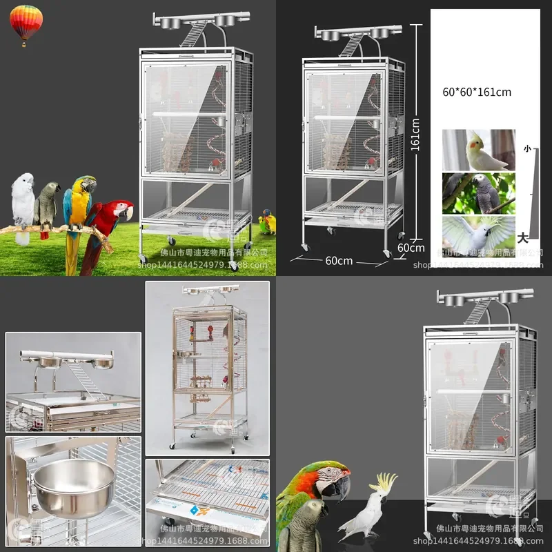 For Large Parrots Peony Grey Bird Cage Stainless Steel Luxury Spacious Durable Pet House Aviary BC601