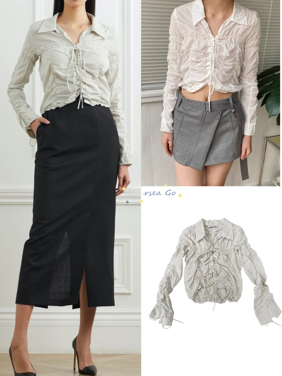 

Женская хлопковая рубашка Low Classic, весна 2024, с длинным рукавом, в полоску, с отложным воротником, плиссированная, повседневная, приталенная, из чистого хлопка.