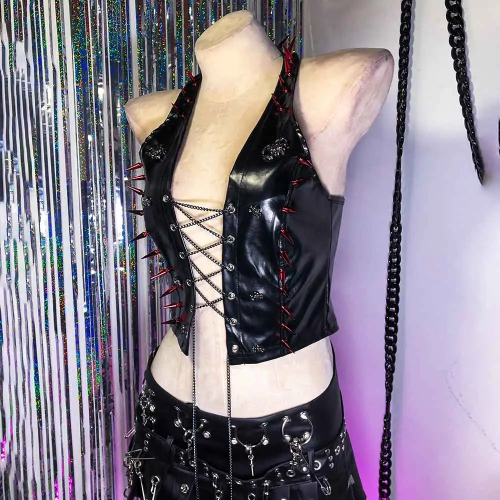 

Панк-рок топы для подростков в стиле Харадзюку, готика, ручная работа, экологичные, с заклепками, в стиле 90-х, для E-Girls, кавайные, с черепами, DIY, гранж, Y2K