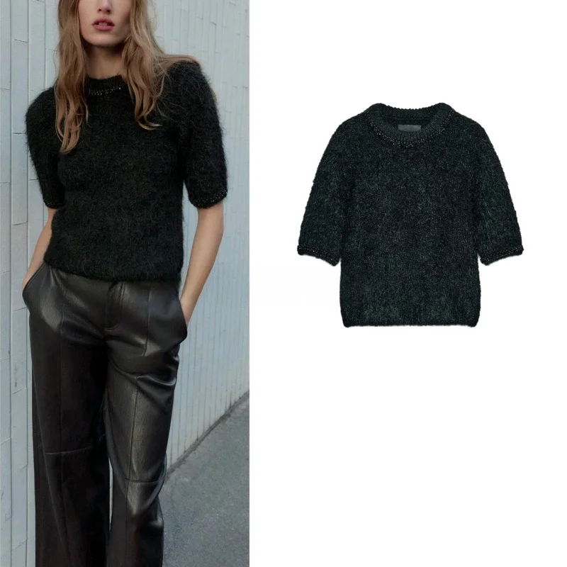 Zimowa nowa mata Damska dzianinowa bluzka z okrągłym dekoltem i koralikami Biżuteria Top Poliester Casual Dojazdy do pracy