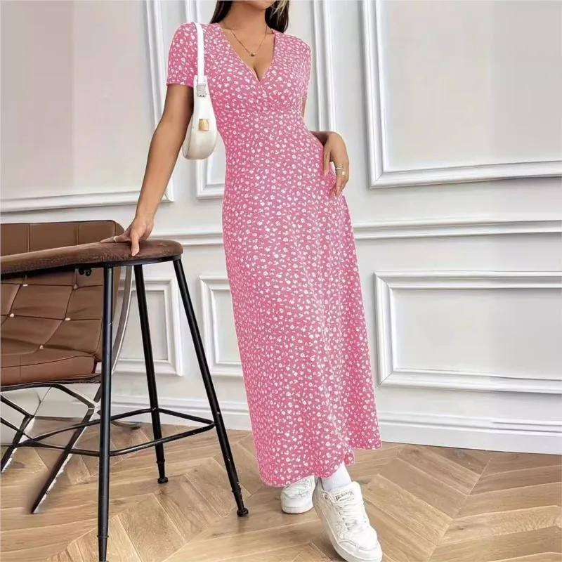 Elegant Women's Fashionable Small Floral V-neck Mid Length Dress Spring And Summer Women's Printed Short Sleeved Casual Dresses