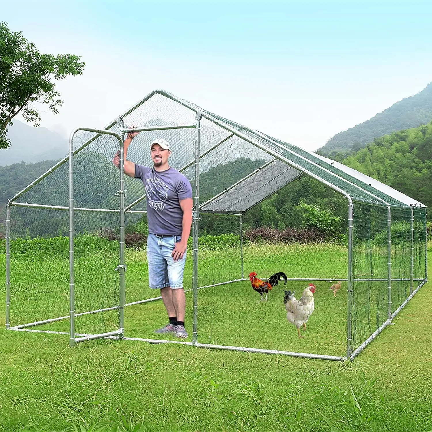 

Metal Large Chicken Coop, Spire Shape Walk-in Poultry Chicken Hen cage, Rabbits Duck Cages with Waterproof and Anti-Ultraviolet