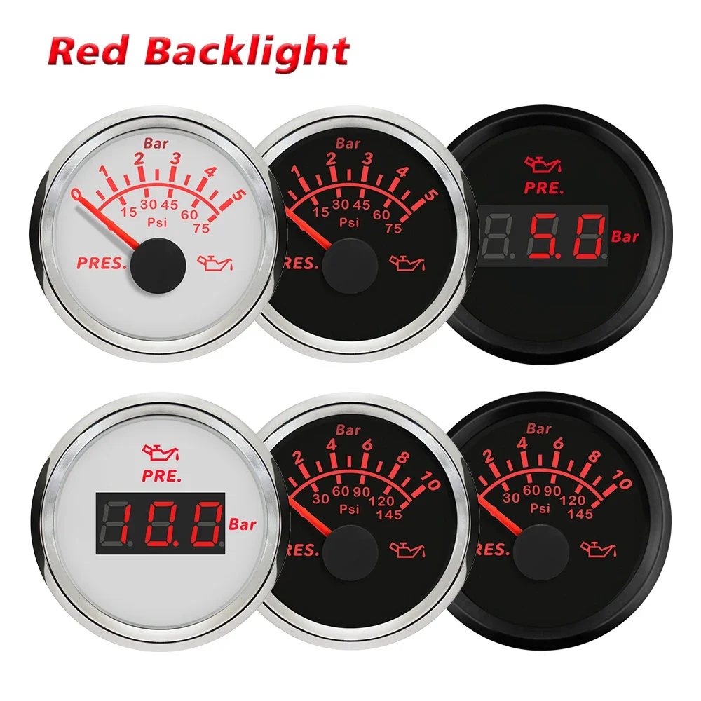 Waterproof 52mm Oil Pressure Gauge Meter 0-5Bar 0-75Psi 0-10Bar 0-145Psi with Red Backlight for Car Truck Boat Universal 9-32V