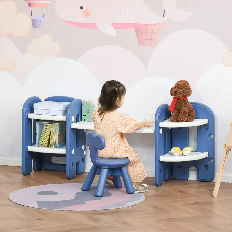 ABST Children's Desk Set Contain 1 Table With Storage Space and 2 Chairs Children to Learn Draw Read Plastic Table and Chair Set