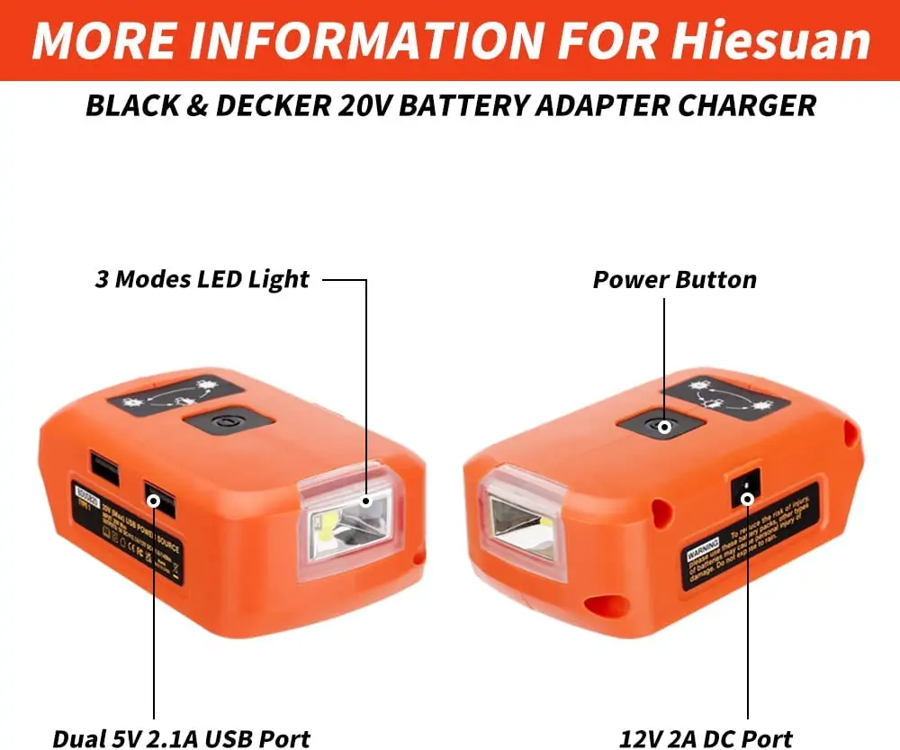 LED Work Light USB 12V DC Port Battery Adapter For Black&Decker 14.4-20v Li-Ion Battery Flashlight Emergency Lighting LCS120