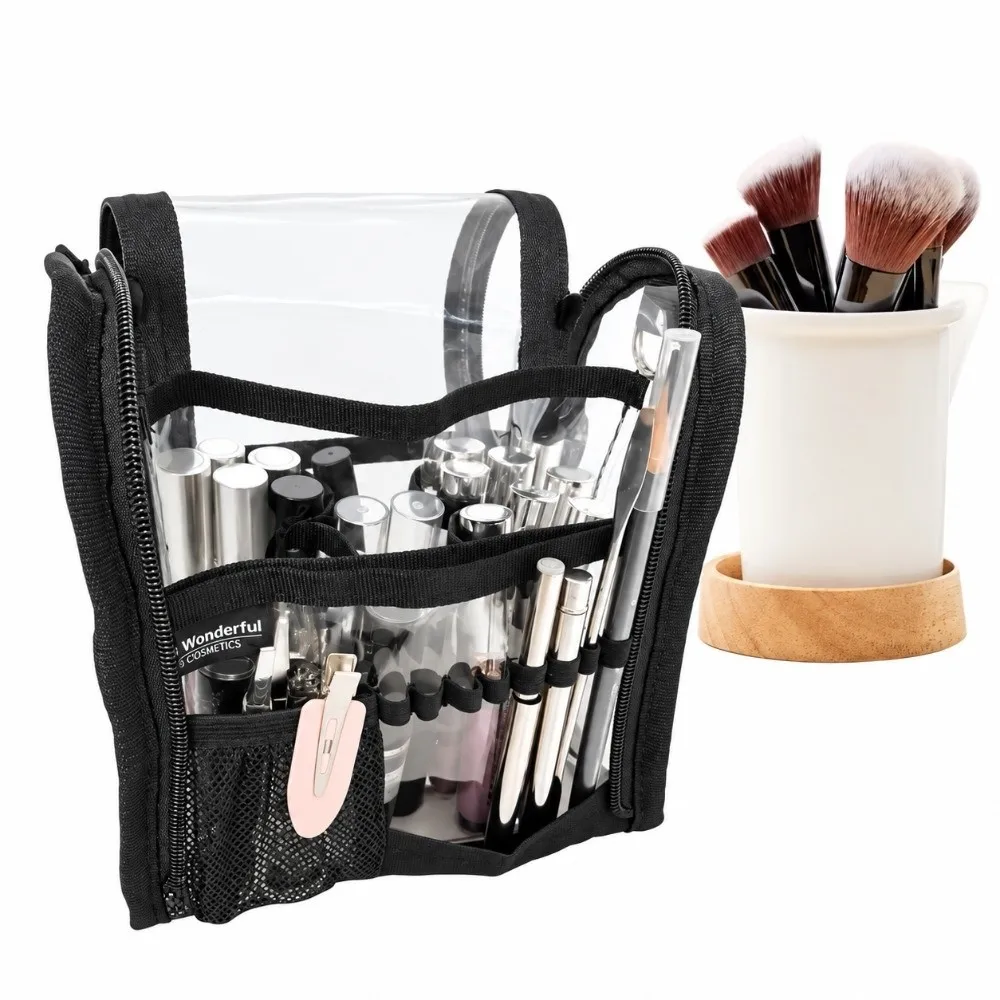 Waterproof Makeup Organizer Bag PVC Mesh Pocket Cosmetic Storage Case Elastic Brush Loop Lip Product Organizer