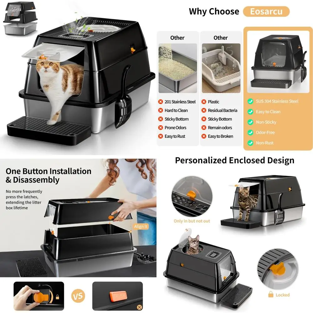 صندوق فضلات القطط المعدني المغلق كبير جدًا للقطط الكبيرة، وعاء من الفولاذ المقاوم للصدأ عالي الجوانب مع غطاء قابل للإزالة، مثالي للقطط الكبيرة #1