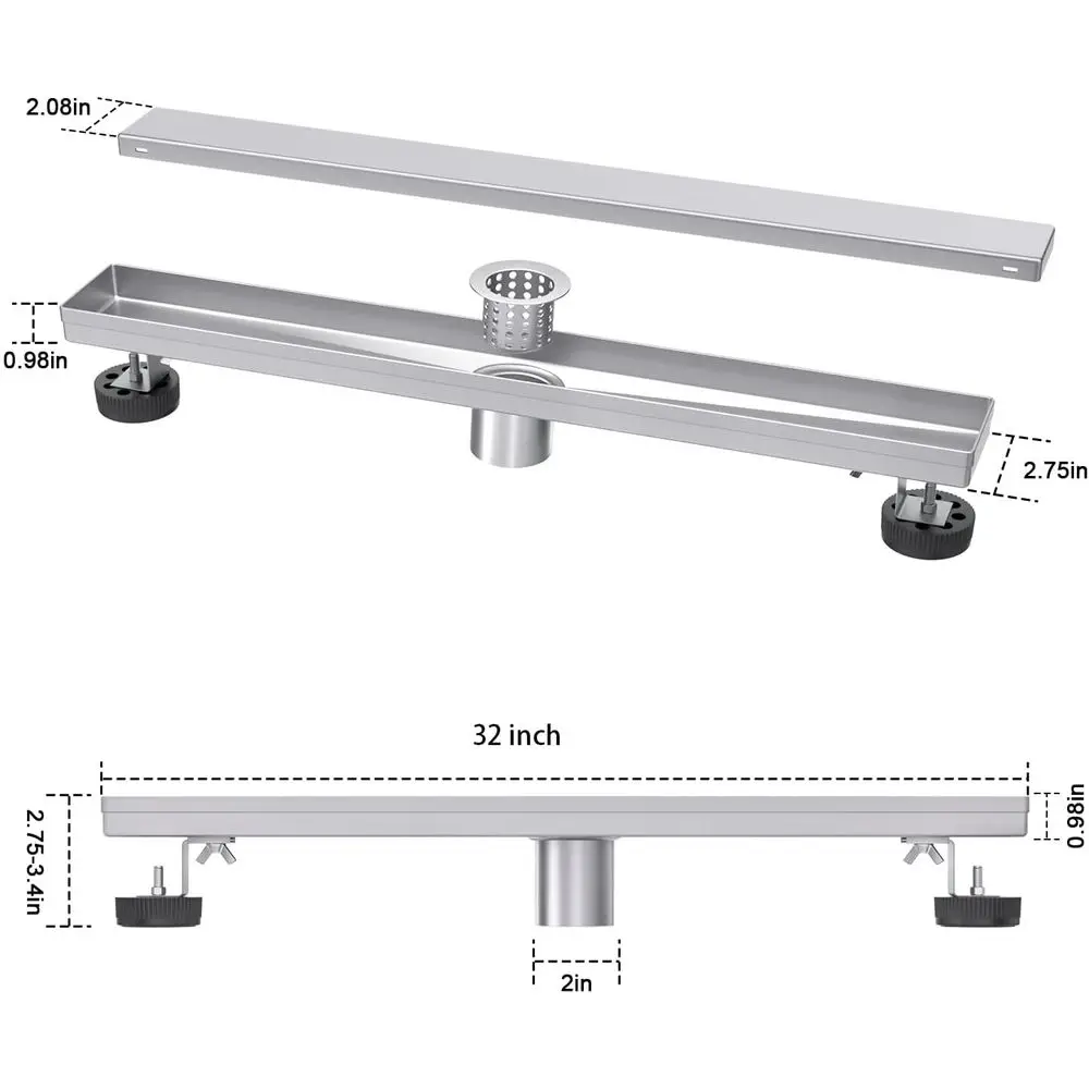 32-Inch Linear Shower Drain with Tile Insert, Brushed Nickel, 304 Stainless Steel, Hair Strainer Included