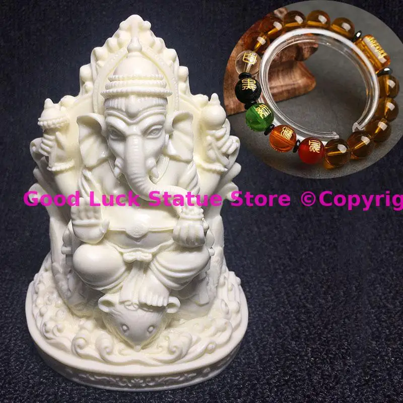 2025 Asia Thailand HOME CAR GANESH Elephant God of wealth Sculpture statue + GOOD LUCK crystal Mammon Bracelet Amulet