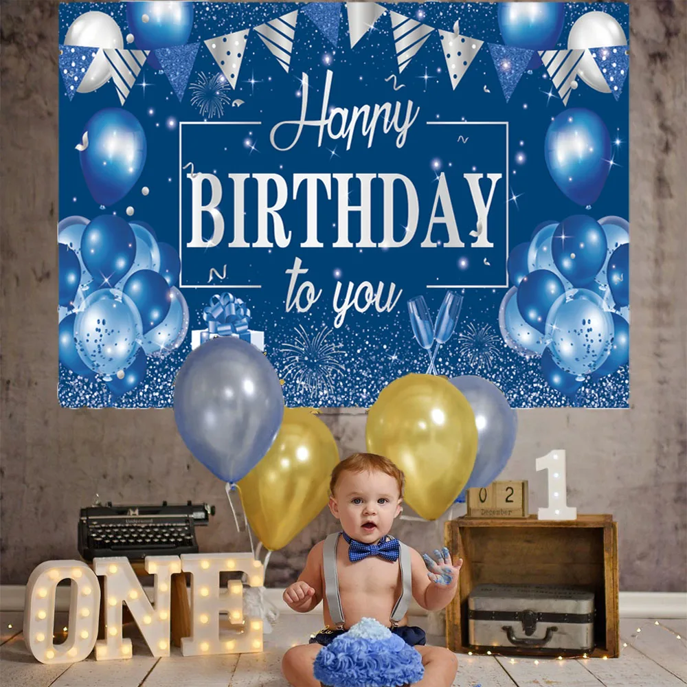 Blue Gold Black Happy Birthday Backdrop, Banner, 30 50 60 70th Birthday Photozone, Background Wall Decor ,Kids Boy Birthday Supp