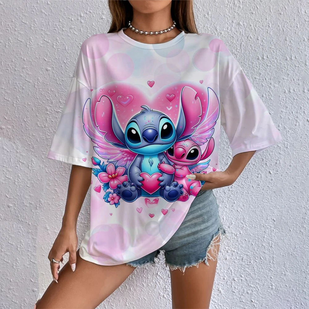 2025 Kawaii ليلو ستيتش طباعة تي شيرت بلايز للنساء سيدة الصيف الأطفال تي شيرت عادية س الرقبة أوهانا غرزة ديزني تي شيرت