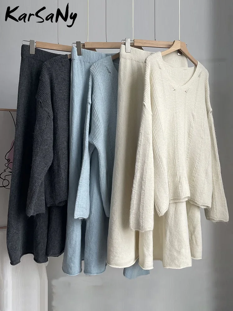 Knitted Skirt Set For Women Pullover Sweaters Hollow Out White Autmun Winter Vintage Sweater Skirt Sets Women 2 Piece Outfit