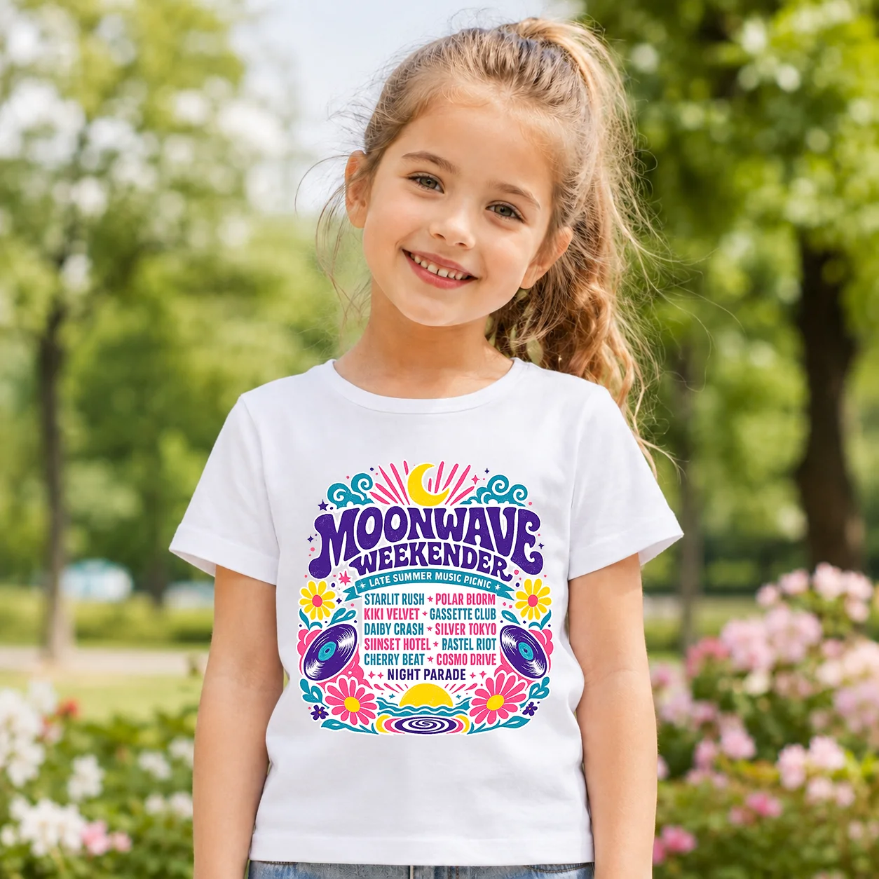 Cute Girls Moonwave Weekender Retro Music Print T-shirt Colorful Daisy Moon Vinyl Graphic Cotton Short Sleeve Top Kids Summer St