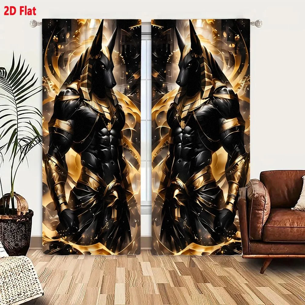 2Pcs Curtains Digital Fantasy Art Of Two Muscular Anubis Jackal Gods In Gold And Black Armor With Mystical Background Window Dra