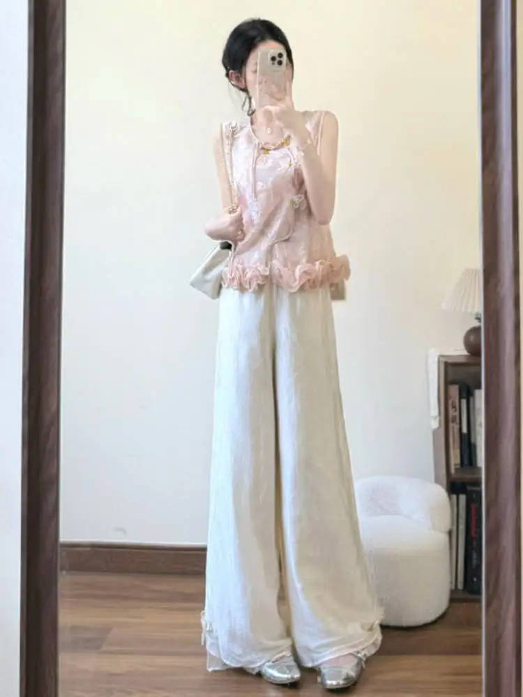 

Ageless Chinese Style Two-Piece Set Sleeveless Top Wide Leg Pants Comfortable Cotton Short Style round Neck Vest for Women