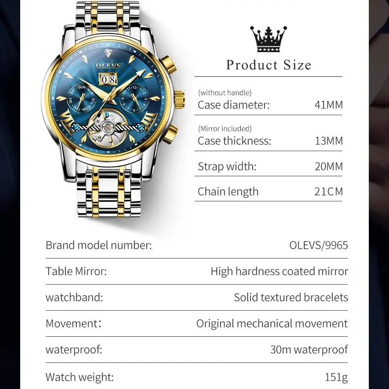 OLEVS 9965 Men\'s Watch Luxury Brand Tourbillon Skeleton Automatic Mechanical Watch High Quality Waterproof Luminescent Watch