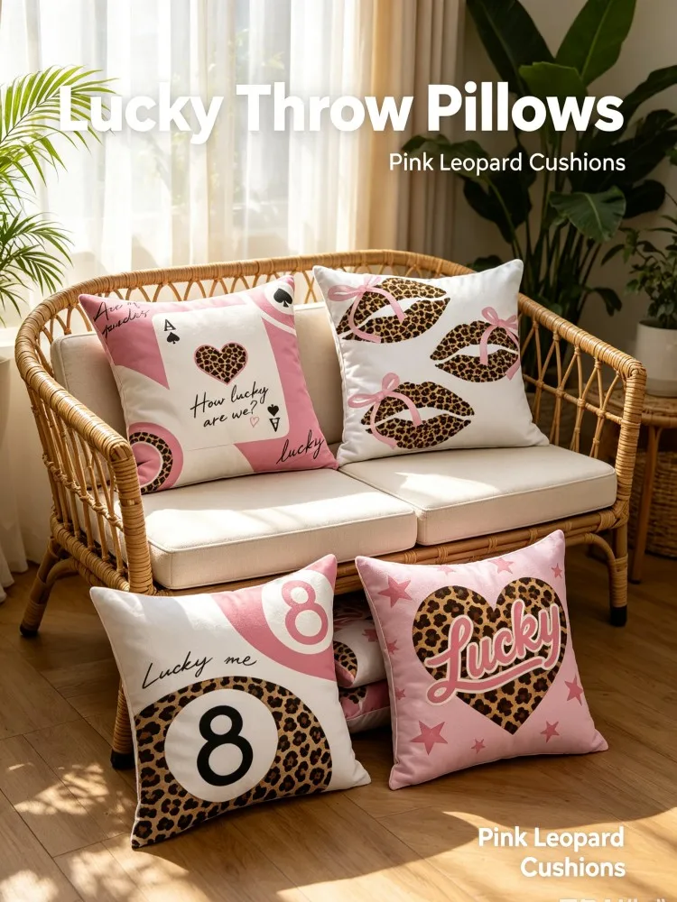New Arrival Pink Leopard Lucky Theme Pillow Covers, Playing Card 8 Ball Heart Lip Print Square Cushion Cases, Decorative Throw P