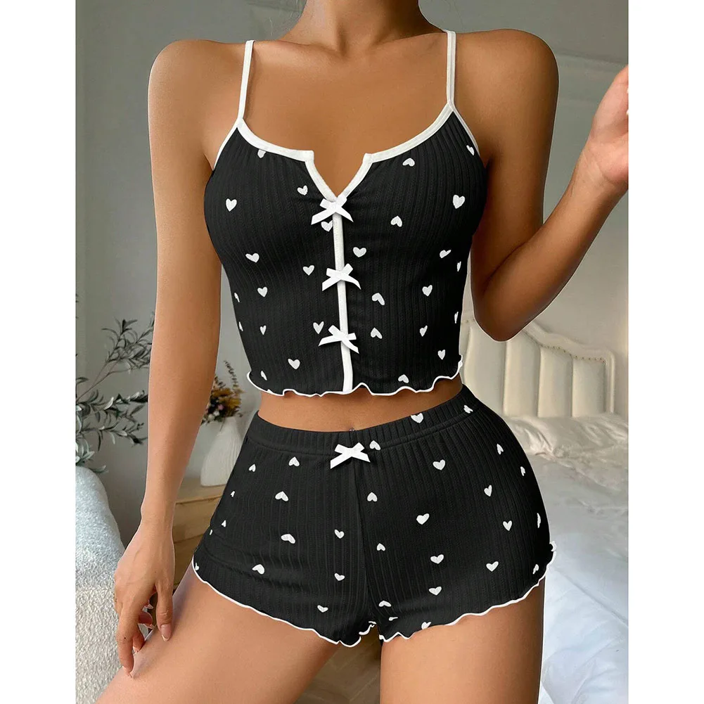 1set Ladies' Heart-shaped Printed Pajama Set Casual Contrasting Color Home Suspender Pajama Set Sleeveless CamiTop Shorts