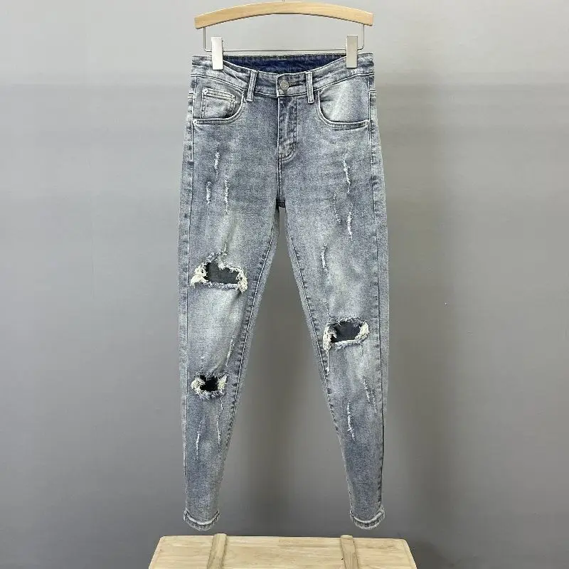 Spring Autumn New Light Blue Knee Ripped Jeans Men's Slim-fit Small Feet Pencil Pants High Street Beggar Pants Boyfriend Jeans