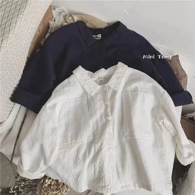 Children\'s shirt Japanese style retro bat sleeve lapel cotton and linen spring and autumn baby boy top boy outerwear shirt,W109